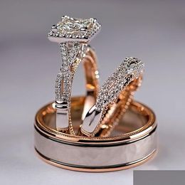 Band Rings Band Rings Huitan Luxury Princess Cut Cubic Zircon Bridal Marriage Set Elegant Accessories Brilliant Women Men Wedding Tren Dhu8S