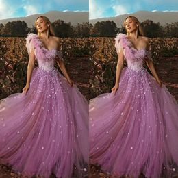 Gorgeous A-line Prom Dresses Sweetheart Feathers Design on Shoulder Appliques Tulle Backless Zipper Plus Size Custom Made Party Dress Vestido De Noite