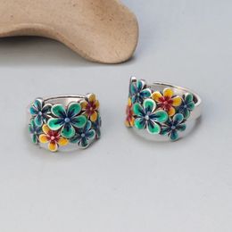 Wedding Rings Pure 990 Silver Enamel Wide Finger Rings Vintage Ethnic Colorful Flower Cluster Adjustable Open Ring Jewelry for Women JZ114 231219