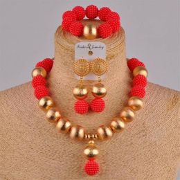 Earrings & Necklace Red Fashion African Handmade Beaded Nigeria Wedding Jewelry Set Imitation Pearl Female Earring Bracelet XX-29287O