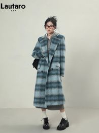 Lautaro Autumn Winter Long Warm Colourful Blue Plaid Woollen Coats for Women Shoulder Pads Double Breasted Korean Fashion 2023 231220