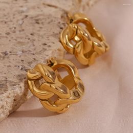 Hoop Earrings 2023 18K Gold Plated Stainless Steel Hollow Cuban Chain Texture Bold Chunky For Women Aros Mujer