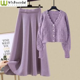 Women's Two Piece Pants Autumn and Winter Set Women's Korean Edition Slim Knitted Cardigan Top Casual Half Skirt Two Piece Set Fashion 231219