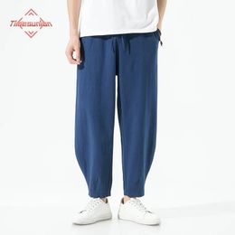 Japanese loose fitting men's cotton linen pants summer breathable solid color fitness street wear Plus size M5XL 231220
