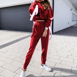 Women's Two Piece Pants Women Sweatshirt 2 Pieces Set Korean Fashion Ccasual Hoodies Pullover High-Waisted Leggings Sweatpants Red Sporty