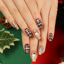 False Nails Brown Golden Glitter Powder Christmas Winter Tree Elk Hand-painted Ballet Fake Art Detachable Finished Press On Glue