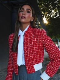 Women's Jackets 2024 Spring Autumn Women Tweed Short Jacket Elegant Fashion Single Breasted Long Sleeve Red Coat Tops