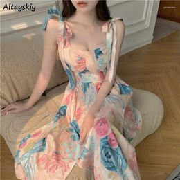 Casual Dresses Women Summer Bow Fashion Party Wear Romance Ulzzang French Style Side-split Retro Festival Feminine Floral Sleeveless