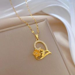 Pendant Necklaces Vintage Zircon Rose Flower Heart For Women Lady Stainless Steel Chain Jewellery Accessories Valentine's Day Gift