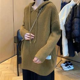 Women's Sweaters Hsa 2023 Women Solid Colour Hoodied Pullover Sweater Fall Winter Harajuku Lazy Wind Pit Strip Knitwear Top Sweet Kintted