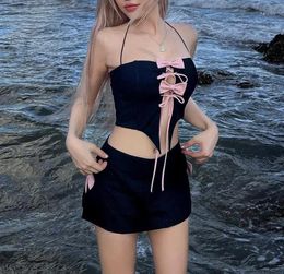 Skirts Women Sexy 2 Piece Sets 2024 Halter Neck Bow Crop Top Lace-up Mini Skirt Club Hollow Out High Split Outfits