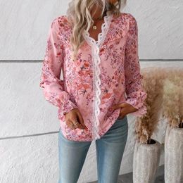 Women's Blouses Printed Lace Stitching Loose Shirt 2023 Autumn Winter Top Fashion Flared Sleeves V-neck Pullover