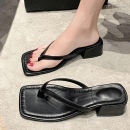 Slippers Fashion Women Flip Flops Mid Heels Square Toe Shoes Summer 2024 Sandals Trend Home Beach Dress Slides Pumps