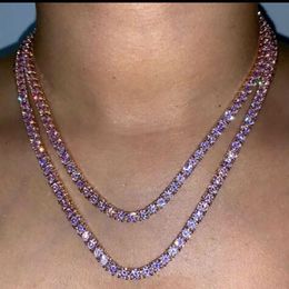 Solitaire 4MM Tennis Chain Necklace Rose Gold Finish Pink Lab Diamonds 16'' 18'' 1 Row Zirconia Diamonds Bling2345