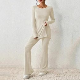 Women's Two Piece Pants Autumn Winter Women Knitted Tracksuit Two Piece Set Female Sweater Tops Ribbed Slit Pant Knitted Suit Women Outfits 231219