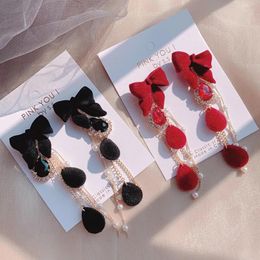 Dangle Earrings MWSONYA Fashion Korea Elegant Velvet Bowknot For Women Crystal Water Drop Long Chain Pearl Tassel Jewelry Gift