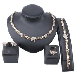 African Jewelry Elephant Crystal Necklace Earrings Dubai Gold Jewelry Sets for Women Wedding Party Bracelet Ring Set269S