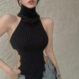 Camisoles & Tanks Sexy Turtleneck Knitted Tank Top Sleeveless Summer Wear Outside In Girl Short Colour Slim Backless Fashion Vest