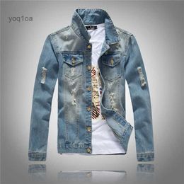 Men's Jackets Men's Denim Jacket Korean Style Trendy Mind Blue Hole Coat Jeans Jacket Coat Large Size Denim Jacket Light-colored Men's JacketL231026