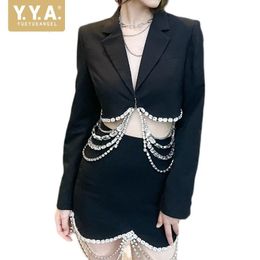 Fashion Party Luxury Crystal Chain Cropped Top Blazer Wrap Skirts Women 2 Piece Set Sexy Black Skirts Suits Matching Set Outfit 231220