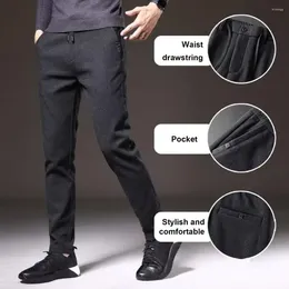 Men's Pants Men Straight Solid Colour Mid Elastic Waist Drawstring Pockets Casual Zipper Button Ankle Length Loose Trousers