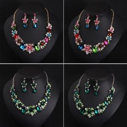 Women Colourful Flowers Bridal Jewellery Sets Wedding Bib Choker Chain Necklace Earrings Cocktail Party Costume Crystal Jewellery235n