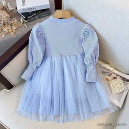 Girl's Dresses Spring Autumn Sweet Solid Pit Strip Long Sleeve Kids Clothes Girls Diamonds Patchwork Sequined Lace Bow Gauze O-Neck Midi Dress