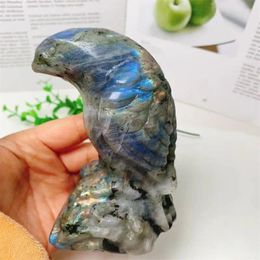 Decorative Figurines 12cm Natural Labradorite Crow Crystal Animal Carving Crafts Healing Energy Stone Fashion Home Decoration Gift 1pcs