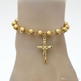 Hip Hop Jewelry 14K Gold Plated Rosary Bead Bracelet Stainless Steel Cross with Jesus Charms Pendant Link Chain Religion Female Pu334G