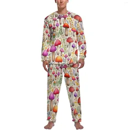 Men's Sleepwear Mushrooms Forest Pyjamas Autumn Colourful Print Leisure Nightwear Male 2 Piece Pattern Long-Sleeve Trendy Pyjama Sets