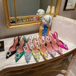 Amina Muaddi sandali da donna suola in cuoio tacchi alti firmati 10 cm nero rosa catena di diamanti decorazione banchetto scarpe da donna pantofole formali sexy da sposa in seta