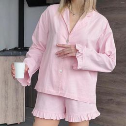 Women's Sleepwear Summer Loungewear Set Solid Colour Long Sleeve Lapel Button Tops With Ruffled Shorts 2 Pieces Home Wear