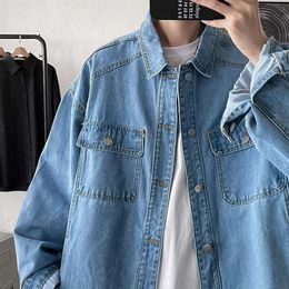 Men's Jackets 2021 Men's Fashion Trend Pure Colour Blue Denim Jackets Loose Casual Long Sleeve Outerwear Pocket Popular Coats Plus Size M-2XLL231026