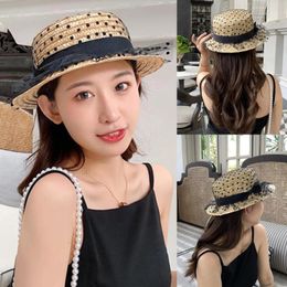 Wide Brim Hats Cute Polka Dot Lace Mesh Straw For Women Summer Outdoor Beach Sun Hat Elegant Ladies Holiday Round Black Flat Top Caps