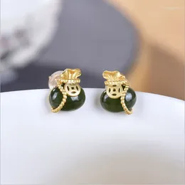 Dangle Earrings S925 Sterling Silver Gold-Plated Stud Earring Natural Emerald Retro Personality Purse Lucky Bag Lady Temperament Eardrops