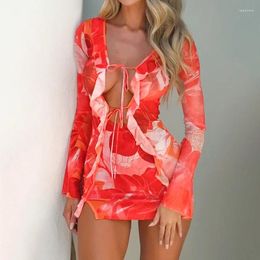 Two Piece Dress 2023 Vacation Style Featured Printed Mesh Spliced Light And Thin Wood Ear Edge Lace Up Long Sleeve Slim Fit Wrap Hip Short