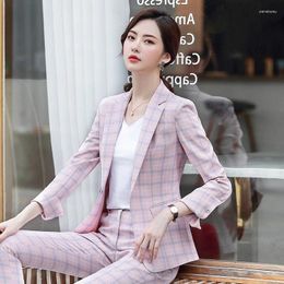 Women's Two Piece Pants IZICFLY Autumn Spring Style Pink Plaid Womens Suits Blazer With Business Slim Office Outfits Work Wear 2 Set Trouser