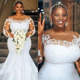 Plus Size Aso Ebi Wedding Dresses Mermaid Elegant Long Sleeves Sheer Neck Lace Beaded Bridal Dress for African Black Women Country Style Gowns Bridal Gown CDW059