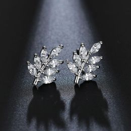 New Leaf Shaped Stud Earrings with Marquise Cut CZ Stone Korean Fashion Style Earing Jewelery Gift For Women2684