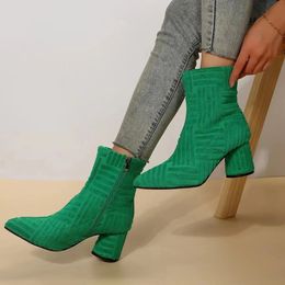 Boots Sexy Green High Heels Ankle Boot 2024 Autumn Suede Platform Short Woman Pointed Toe Thick Heeled Pumps Zapatos 231219