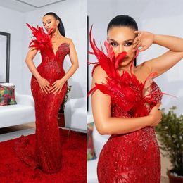 Feather African Arabic Aso Ebi Prom Dresses for Black Women Red Mermaid Lace Sheer Neck Evening Formal Dress for Special Occasions Second Reception Gowns NL072