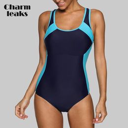 Wear Charmleaks One Piece Women Sports Swimwear Sports Swimsuit Colorblock Swimwear Open Back Boyshort Bathing Suits Bikini Monokini