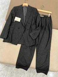 Women's Suit Pants Sets Elegant Dark Gray Blazers Jacket Slim Fit Clothing Coat Straight Leg Trousers AnkleLength 231220