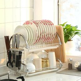 Kitchen Storage Multi-Functional Double Layer Metal Dish Drying Rack Shelf Holder Vegetables Fruit Tableware Organiser