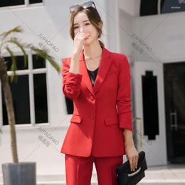 Women's Two Piece Pants Ladies Pant Suit Formal Women Female 2 Set Red Blue Office Business Work Wear Single Breasted Blazer Jacket And