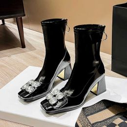 Head Straight Square Fashionable Elastic Women's Thick Heels Lacquer Leather Thin Big Diamond Boots Back Zipper High End Women