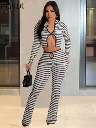 FQLWL Black White Striped Crop Top Pants Set Vacation Casual For Women 2023 Winter Long Sleeve Bodycon 2 Two Piece Sets 231220