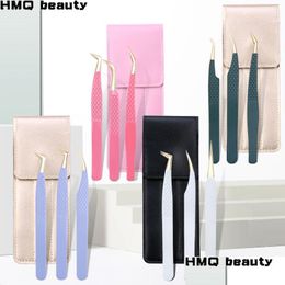 Makeup Tools 3Pc Eyelash Tweezers Set With Bag Stainless Steel Accurate 3D Volume Fan Lash Eyebrow Tweezer Accessories 230801 Drop Del Dh8Lk