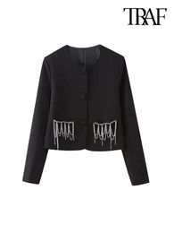 TRAF-Beaded Fringing Cropped Blazer for Women Long Sleeve Coat with Patch Pockets Female Outerwear Chic Tops Fashion 231220