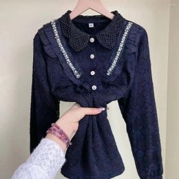 Women's Blouses Long Sleeved Lapel Pullover With Studded Beads Lace Shirt Winter Top Plush And Warm Fashion